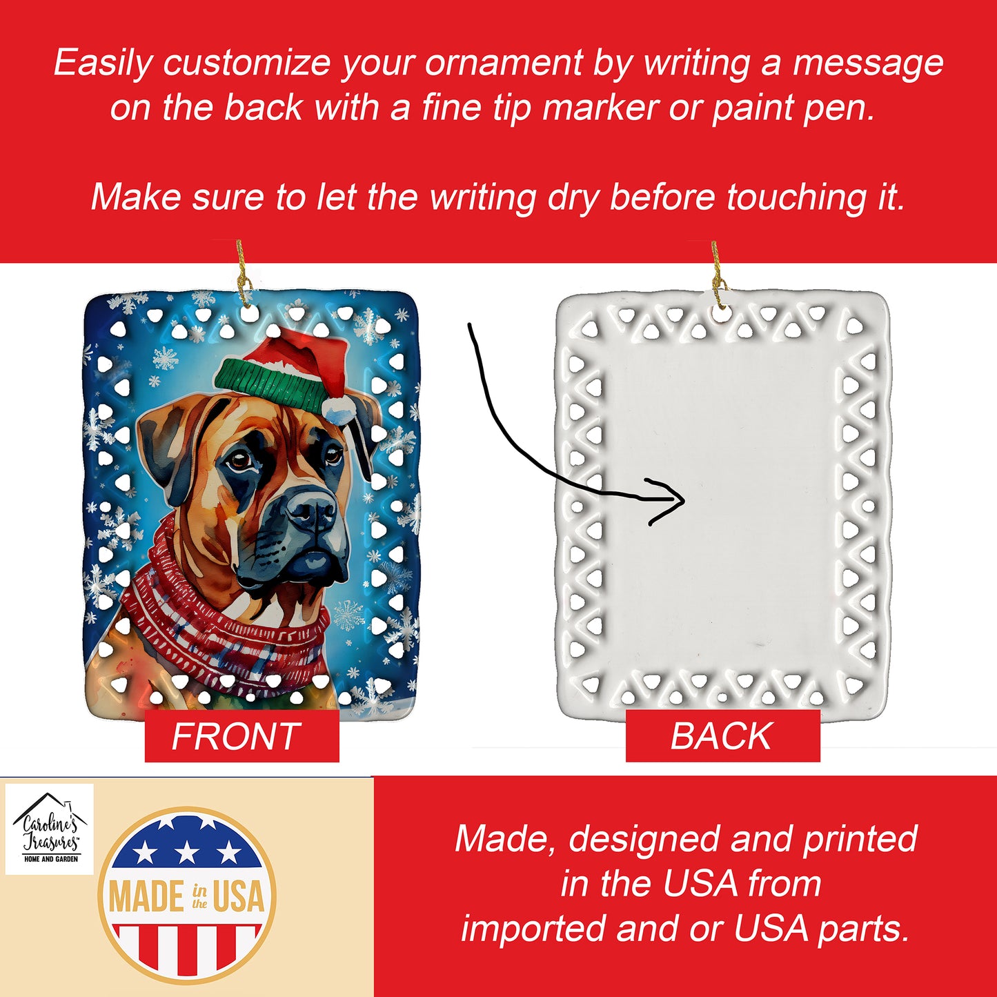 Boxer Christmas Porcelain Ornament