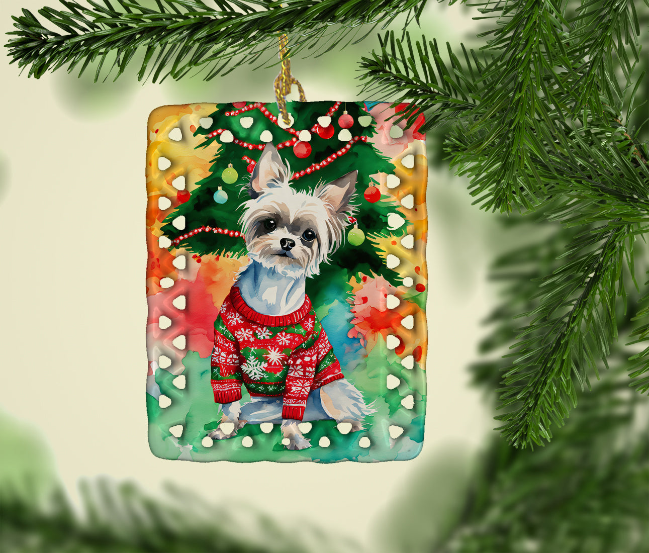 Chinese Crested Christmas Porcelain Ornament