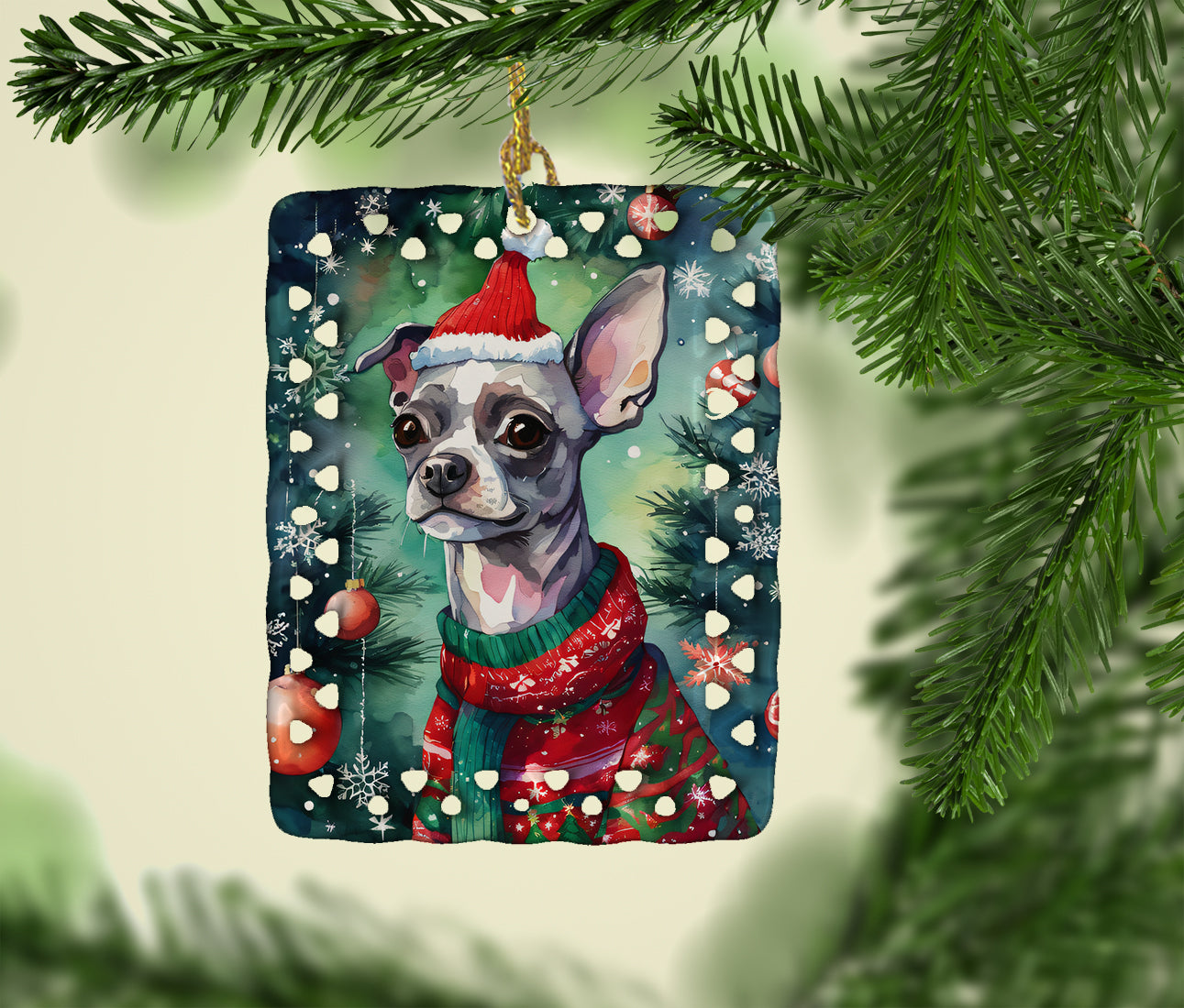 Chinese Crested Christmas Porcelain Ornament