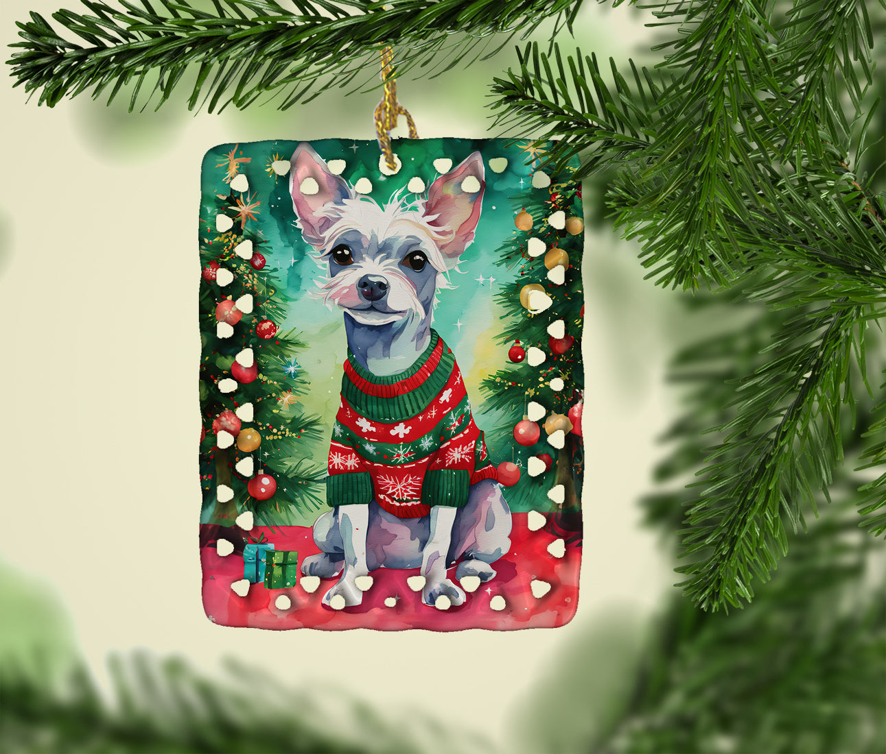 Chinese Crested Christmas Porcelain Ornament