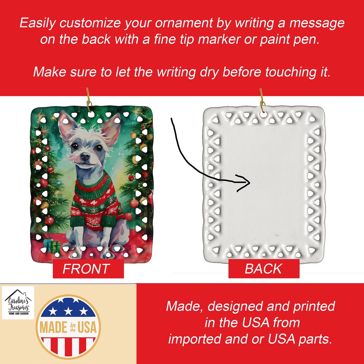 Chinese Crested Christmas Porcelain Ornament