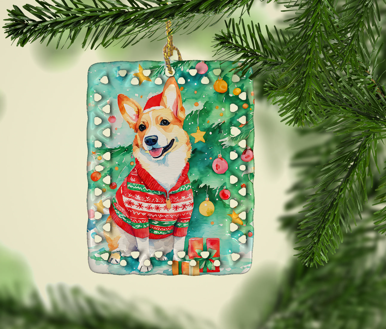 Corgi Christmas Porcelain Ornament