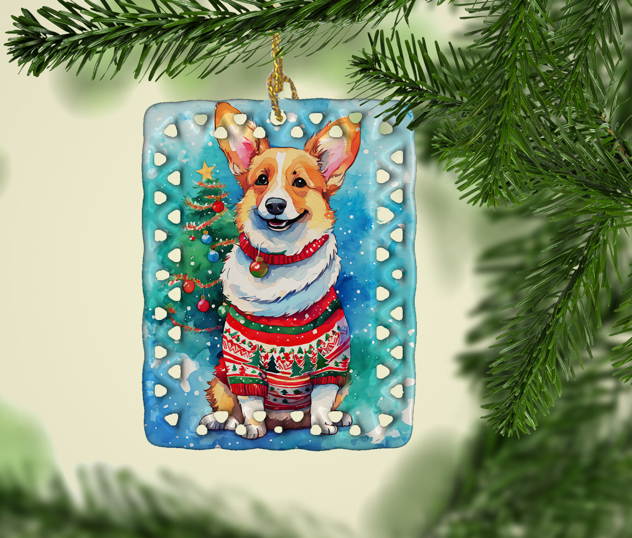 Corgi Christmas Porcelain Ornament