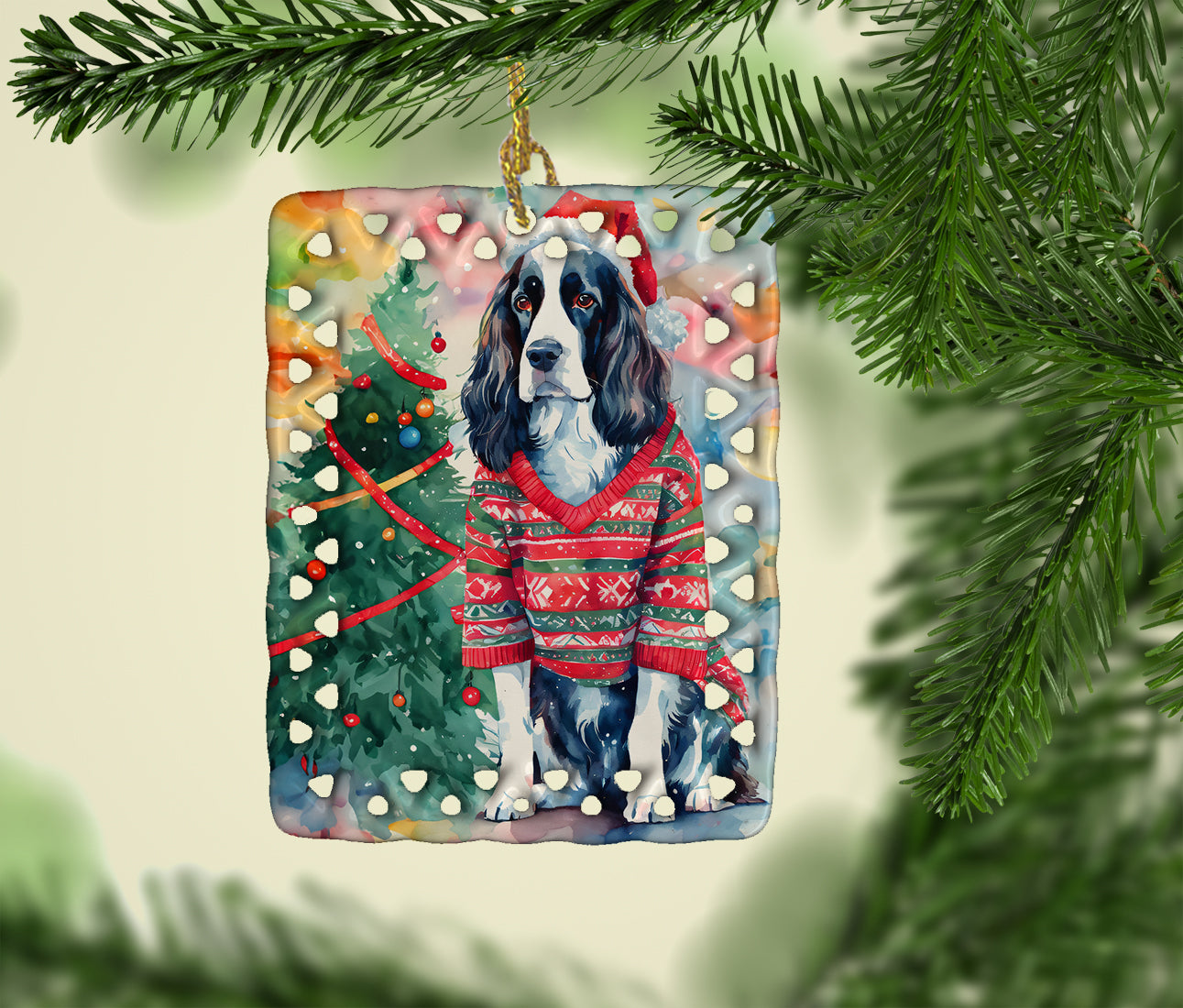 English Springer Spaniel Christmas Porcelain Ornament