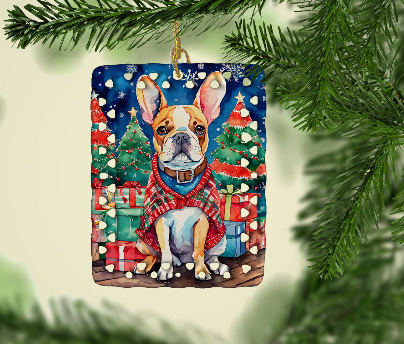 French Bulldog Christmas Porcelain Ornament