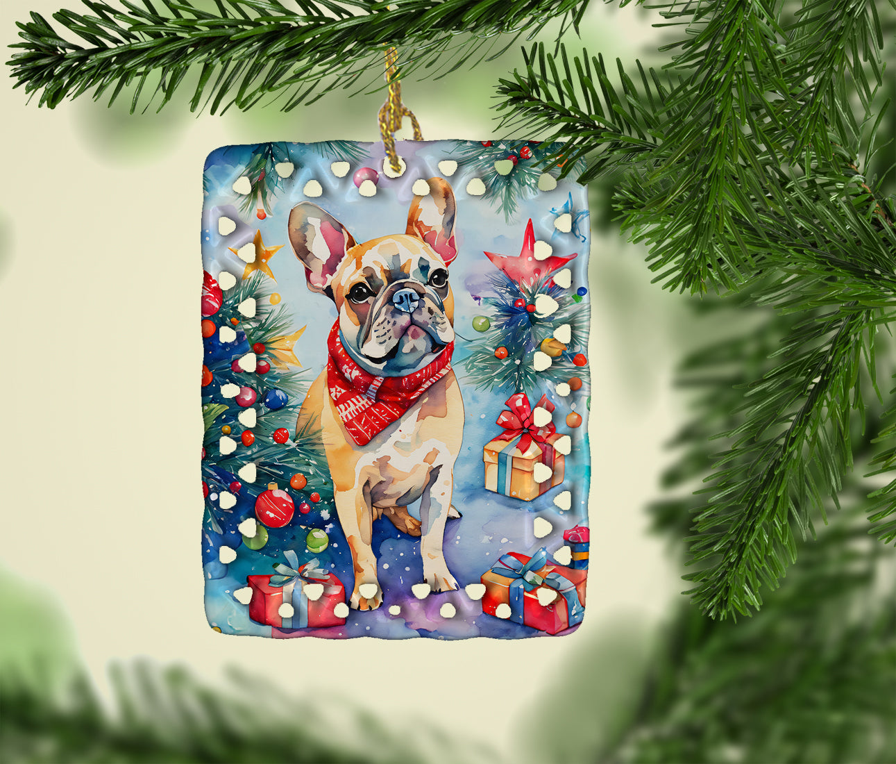 French Bulldog Christmas Porcelain Ornament