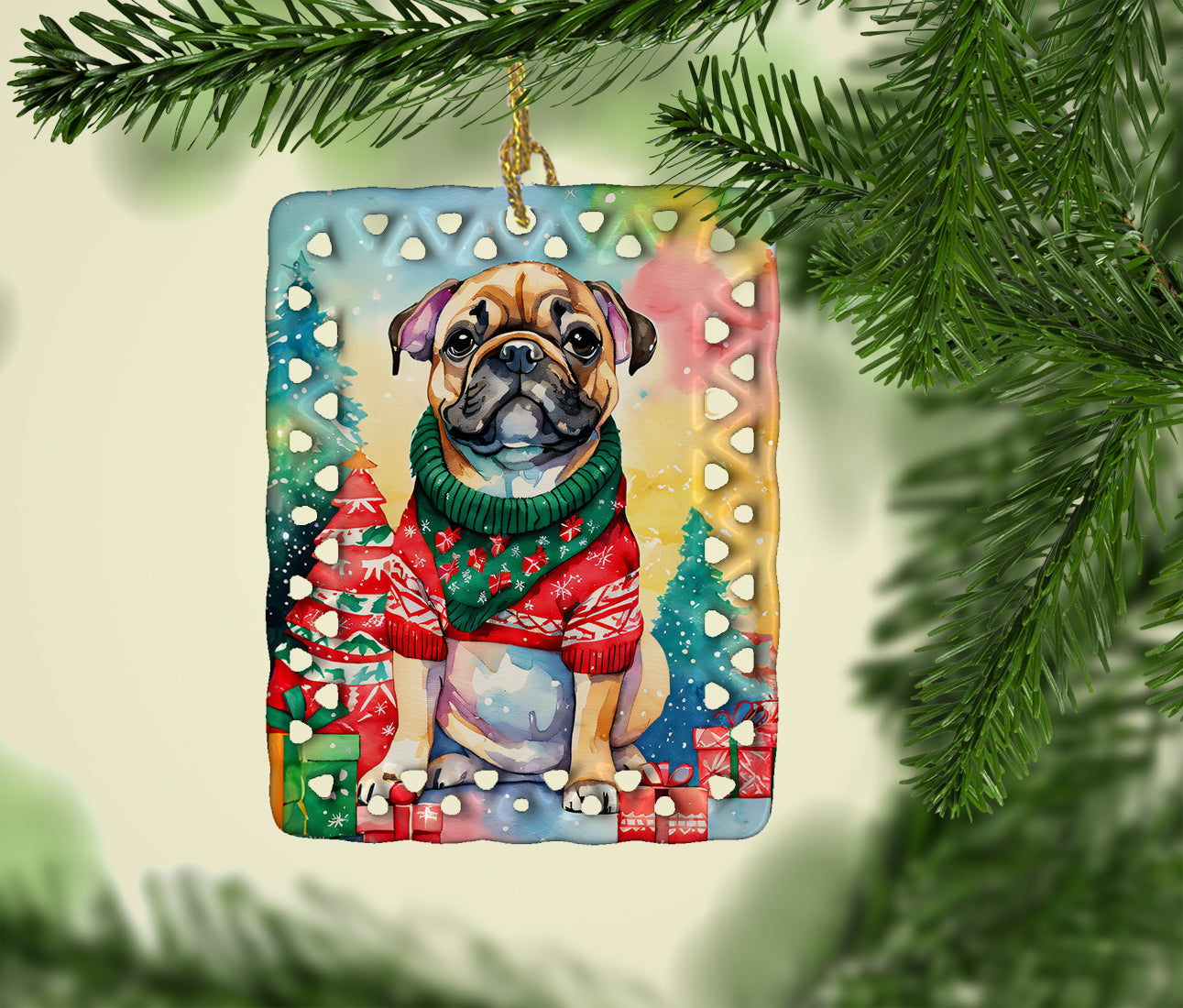 French Bulldog Christmas Porcelain Ornament