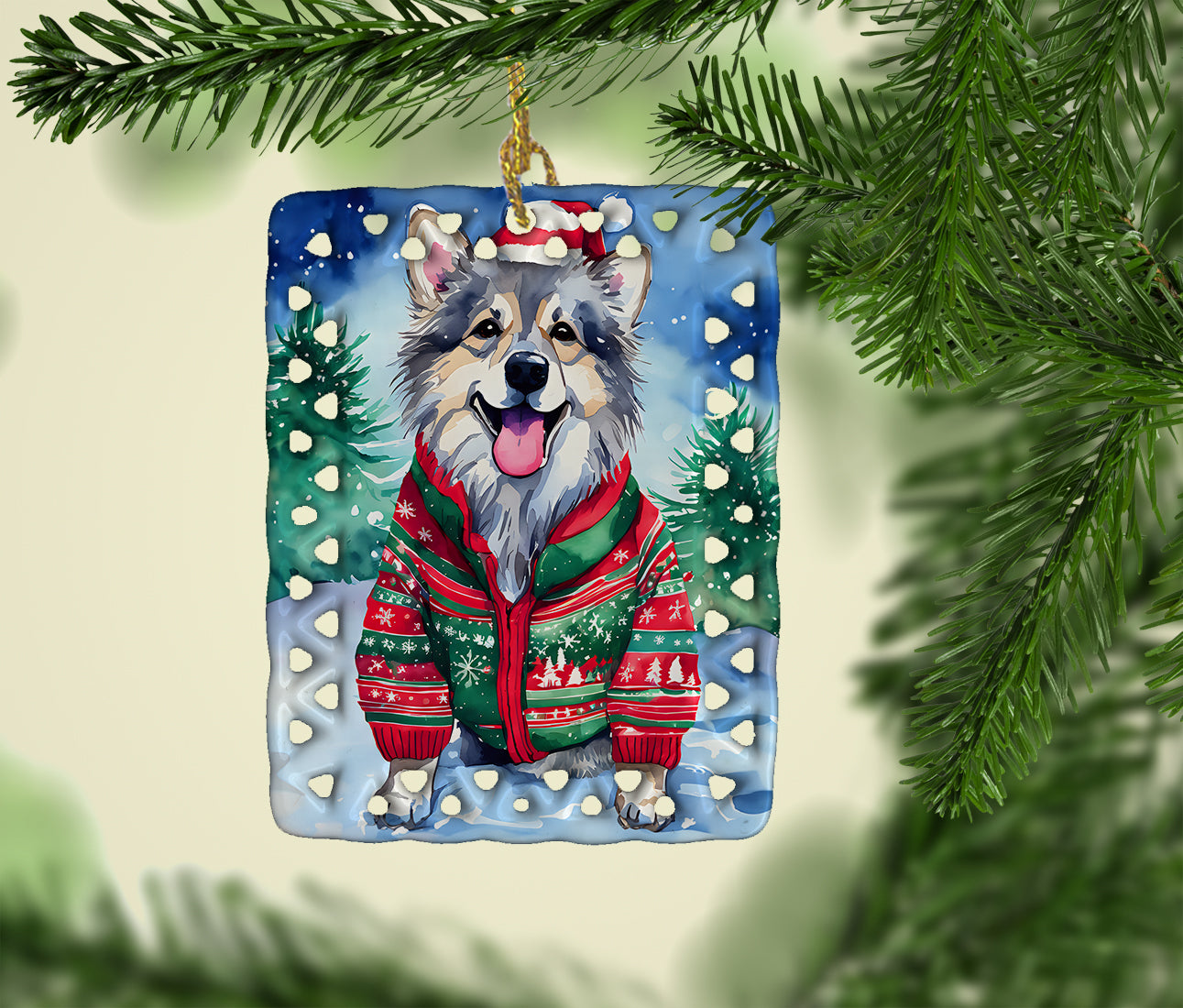 Keeshond Christmas Porcelain Ornament