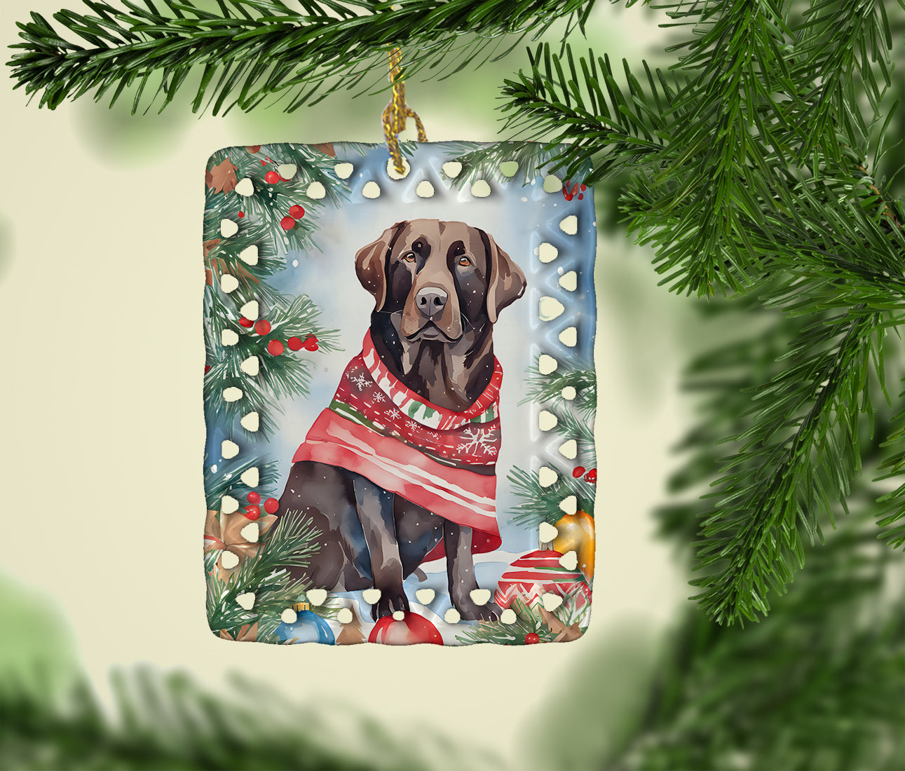 Chocolate Labrador Retriever Christmas Porcelain Ornament