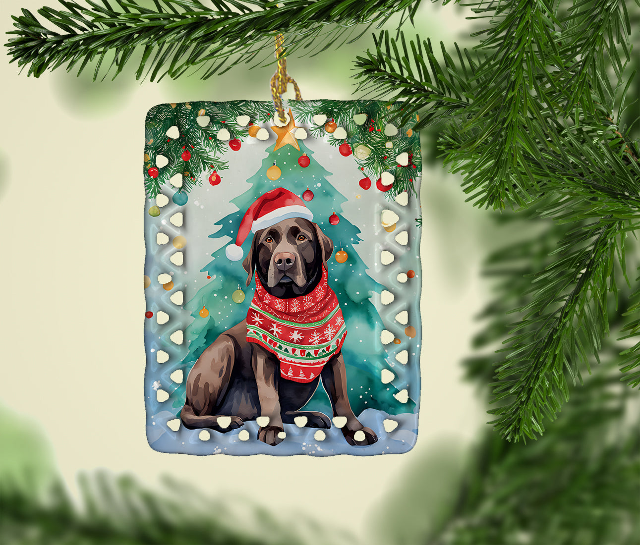 Chocolate Labrador Retriever Christmas Porcelain Ornament