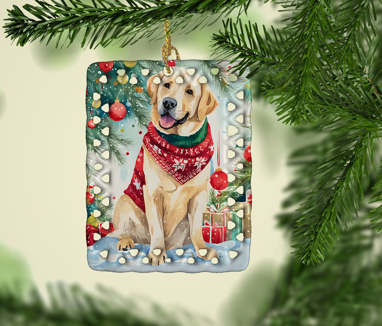 Yellow Labrador Retriever Christmas Porcelain Ornament