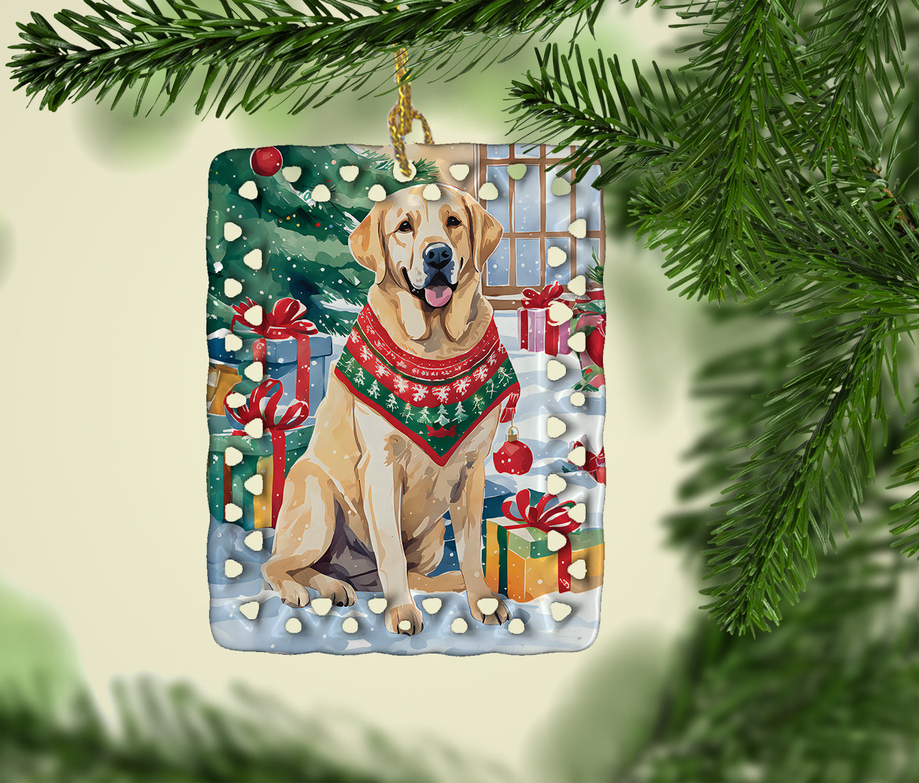 Yellow Labrador Retriever Christmas Porcelain Ornament