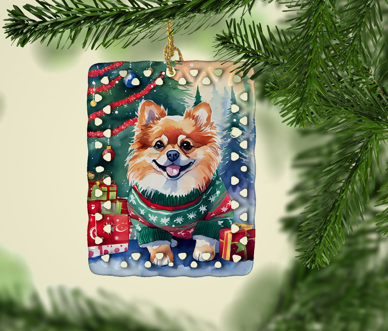 Pomeranian Christmas Porcelain Ornament