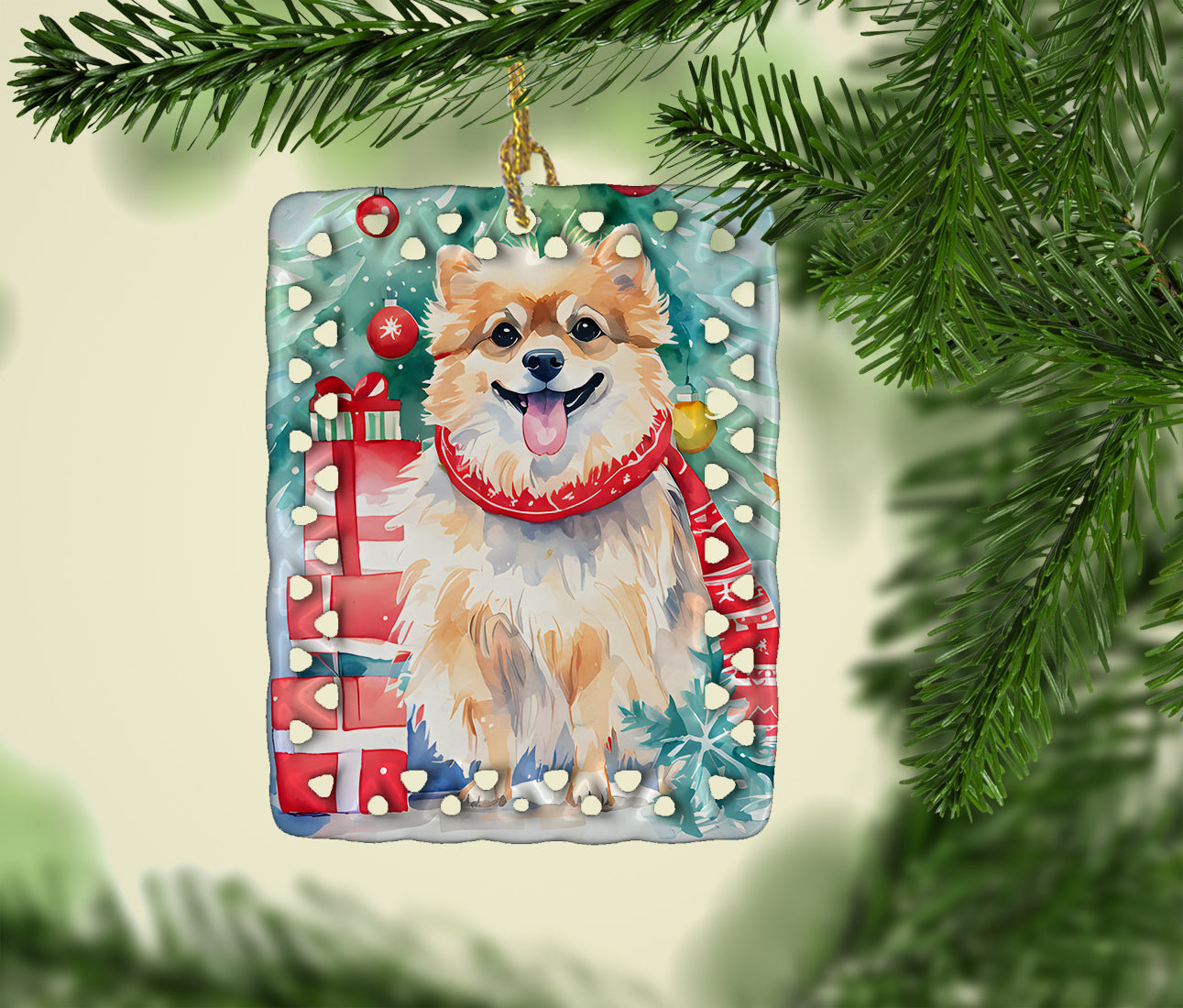 Pomeranian Christmas Porcelain Ornament