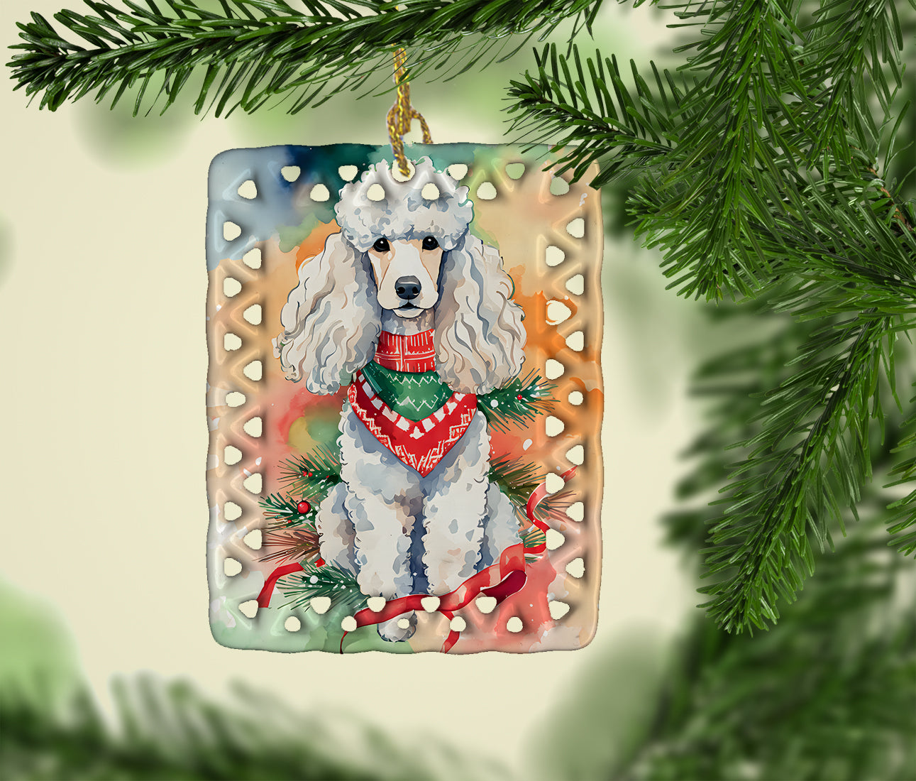 Poodle Christmas Porcelain Ornament