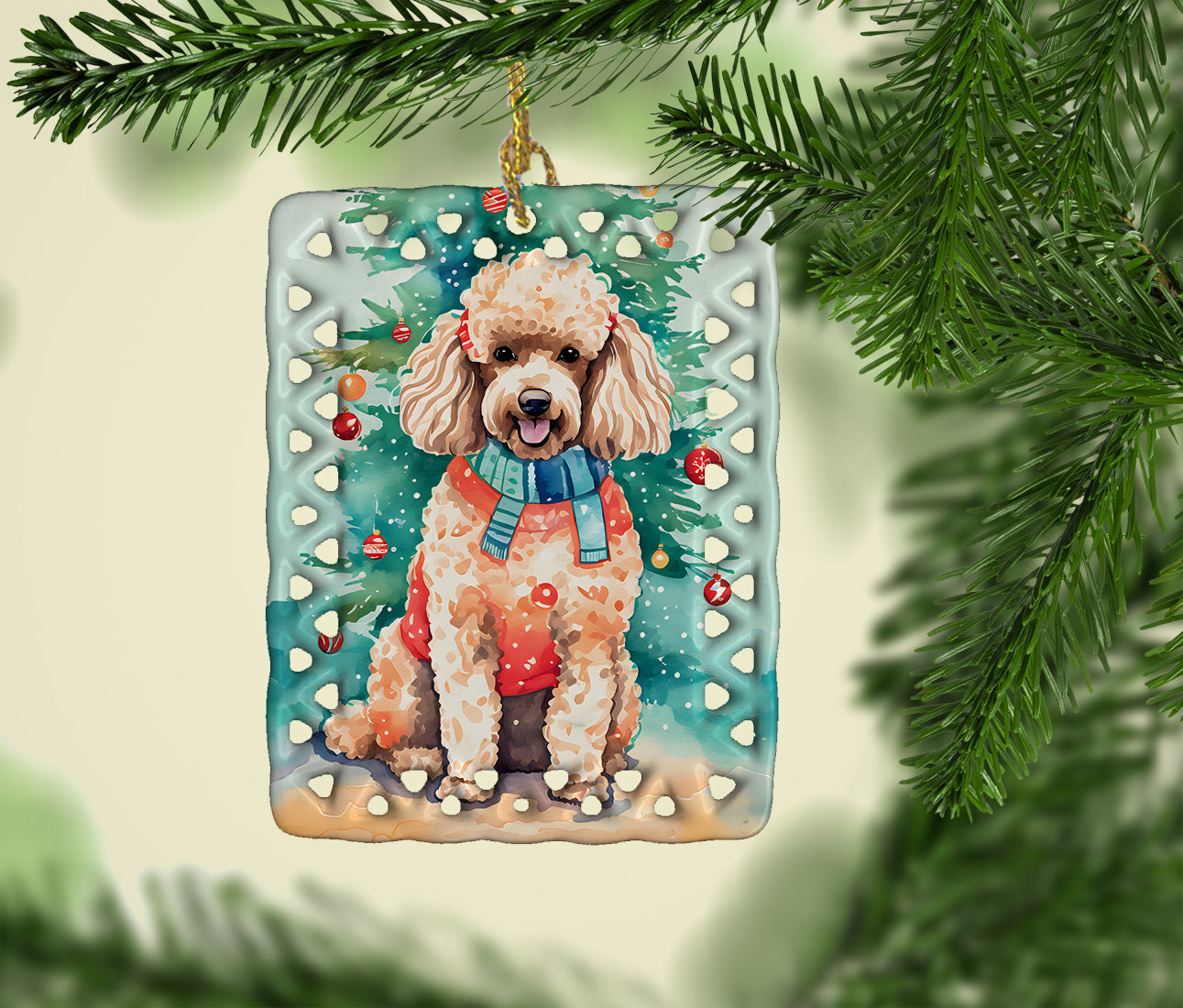 Poodle Christmas Porcelain Ornament