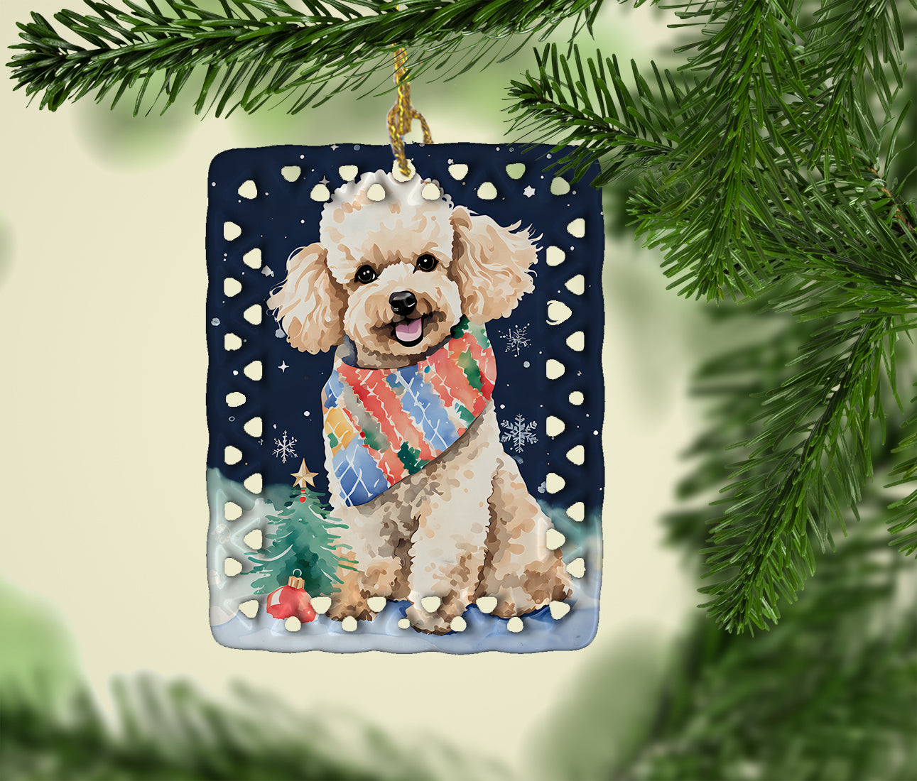 Poodle Christmas Porcelain Ornament