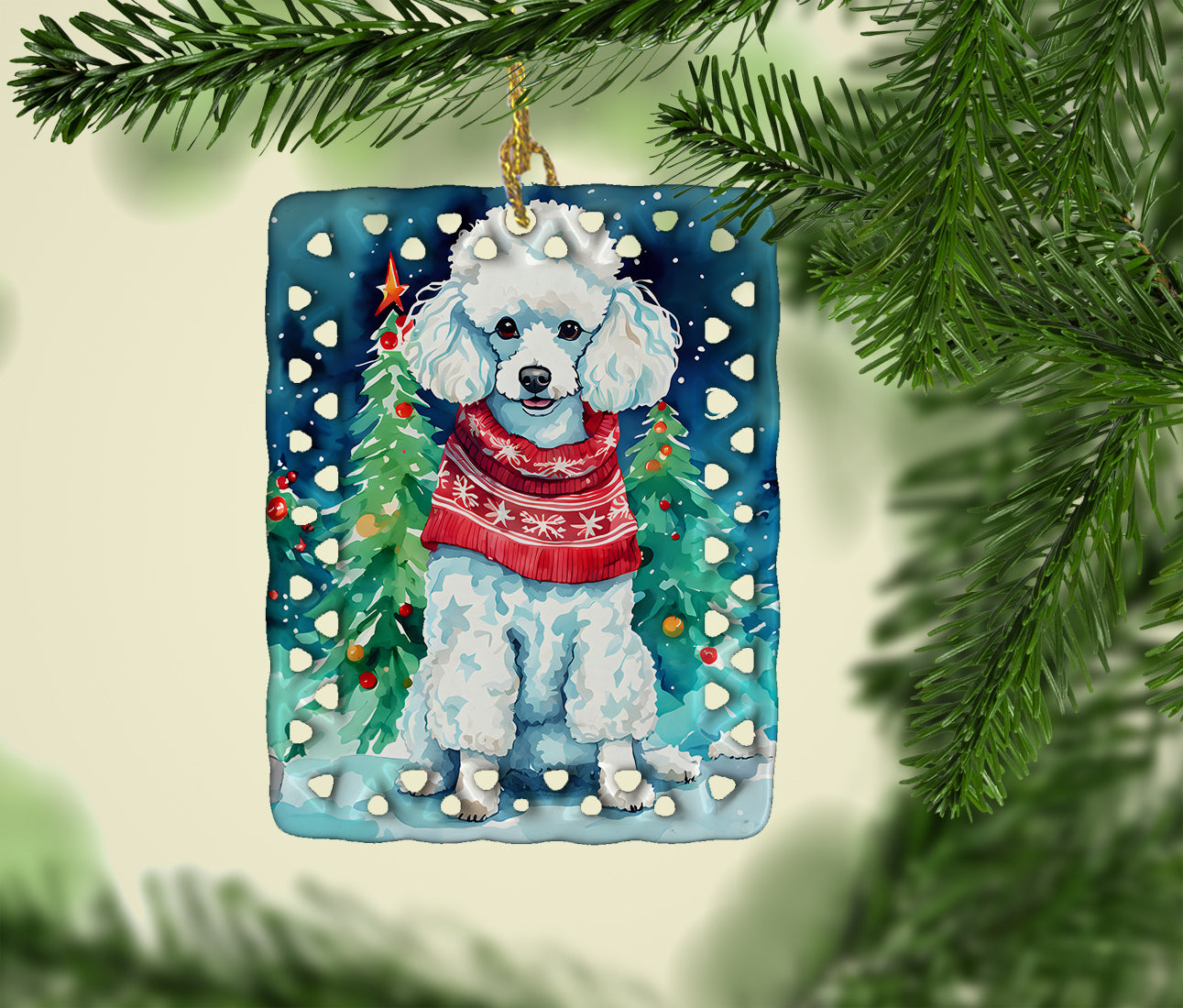 Poodle Christmas Porcelain Ornament