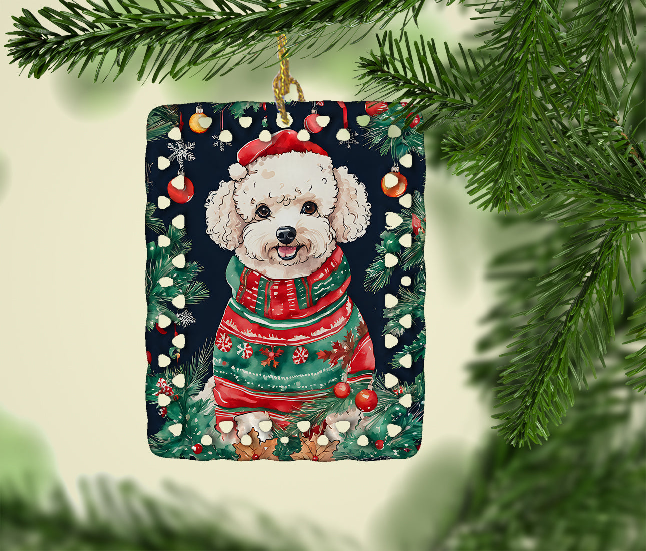 Poodle Christmas Porcelain Ornament