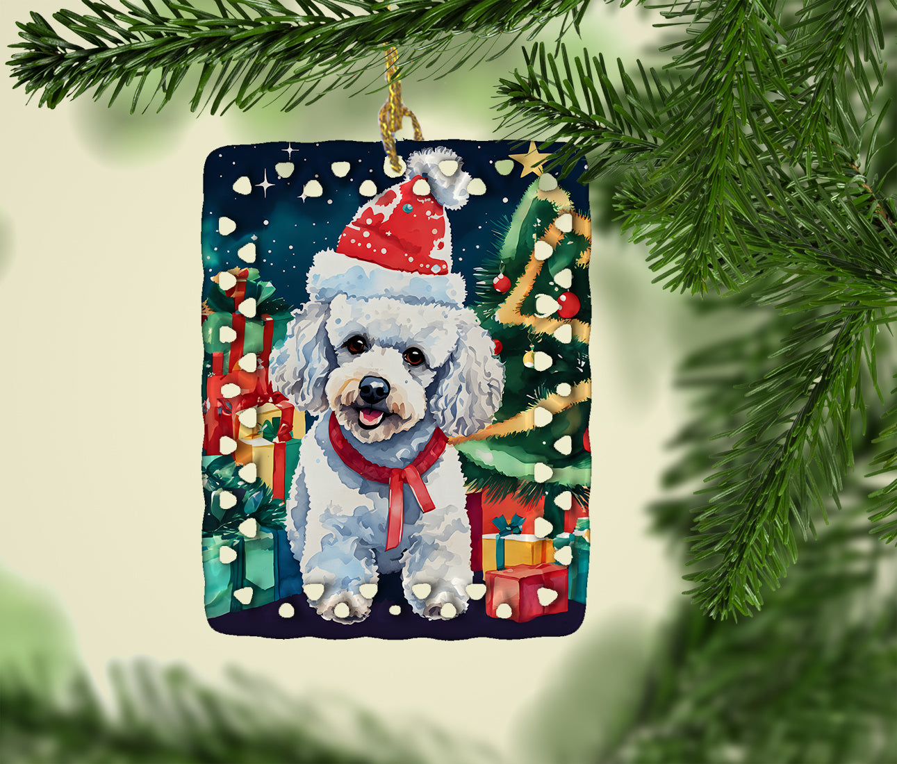 Poodle Christmas Porcelain Ornament