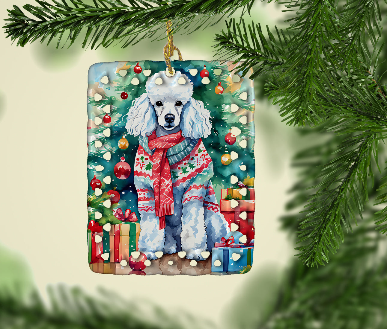 Poodle Christmas Porcelain Ornament