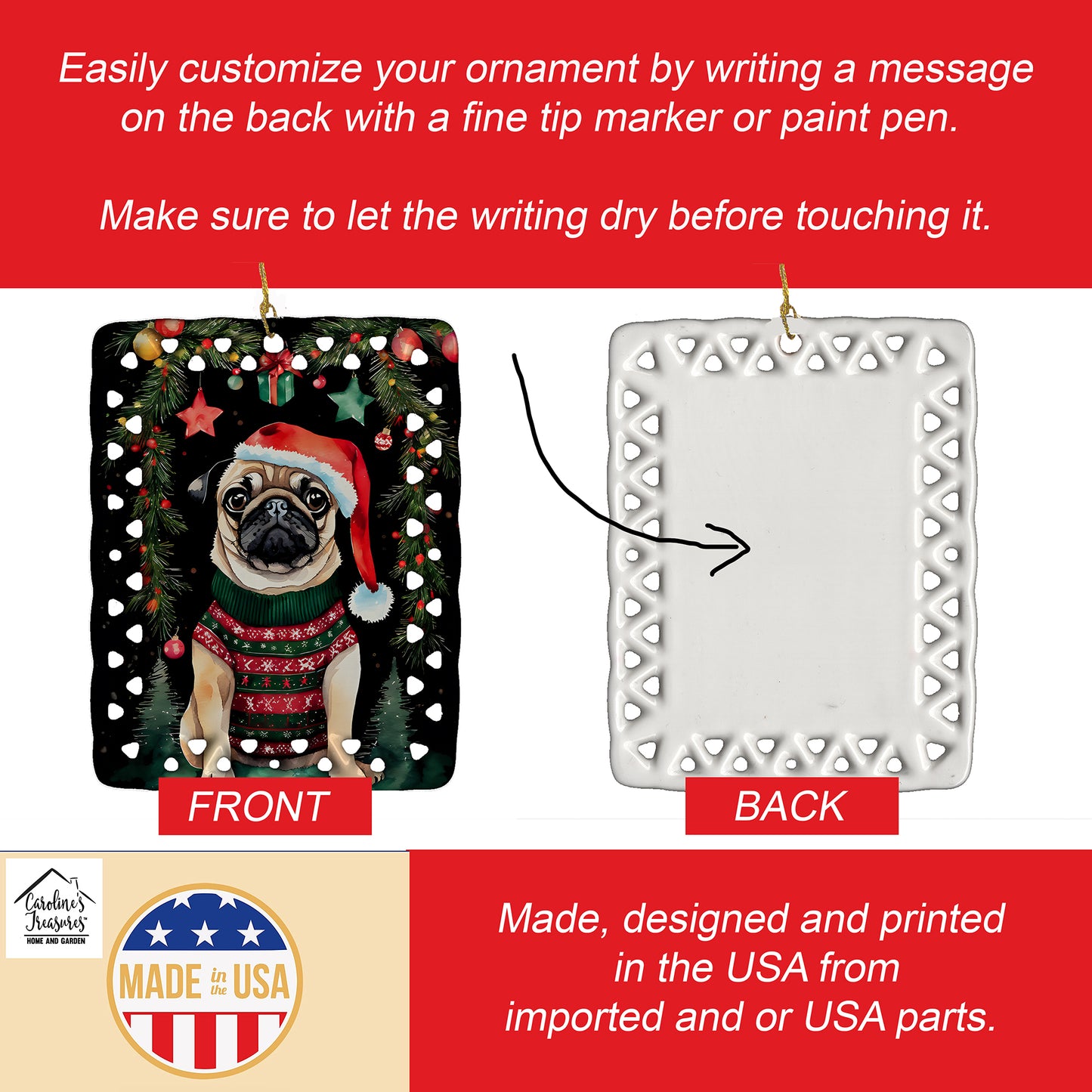 Pug Christmas Porcelain Ornament