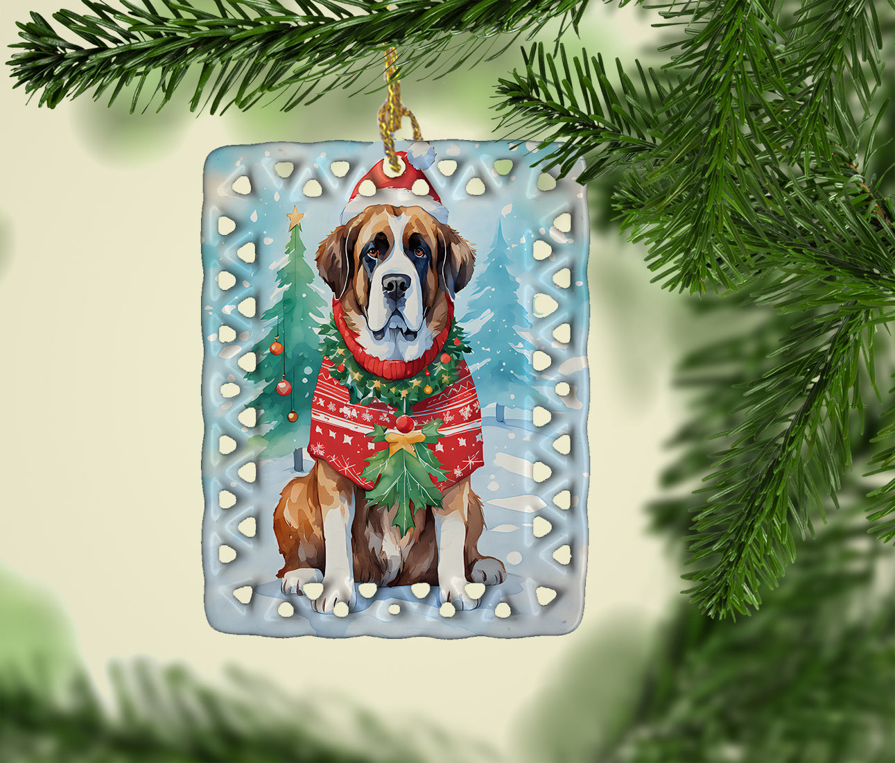 Saint Bernard Christmas Porcelain Ornament