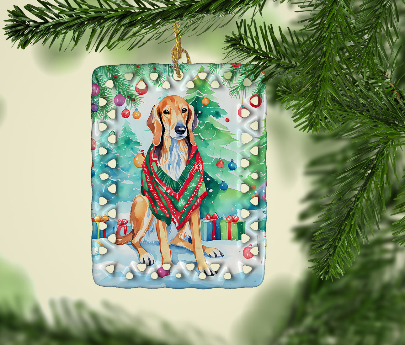 Saluki Christmas Porcelain Ornament