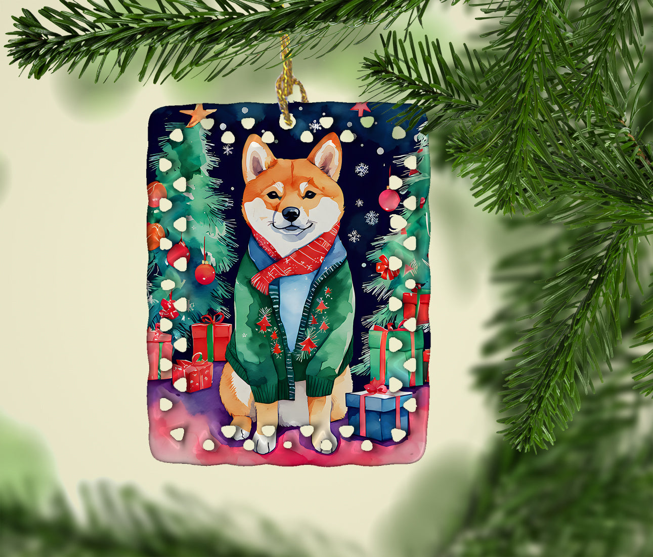 Shiba Inu Christmas Porcelain Ornament