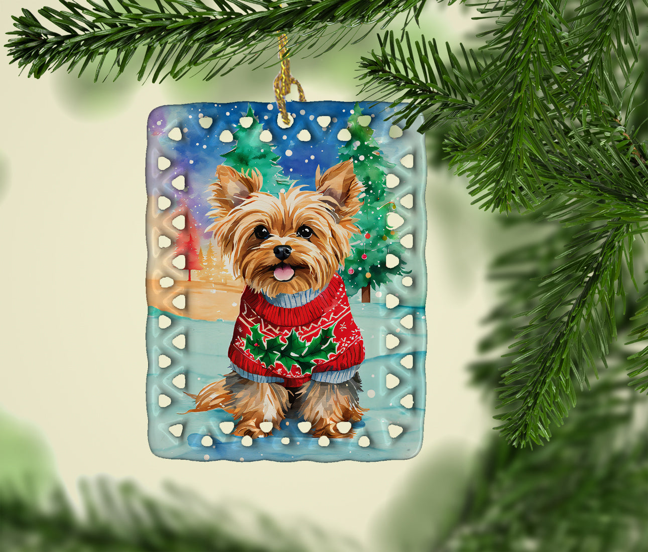 Yorkshire Terrier Yorkie Christmas Porcelain Ornament