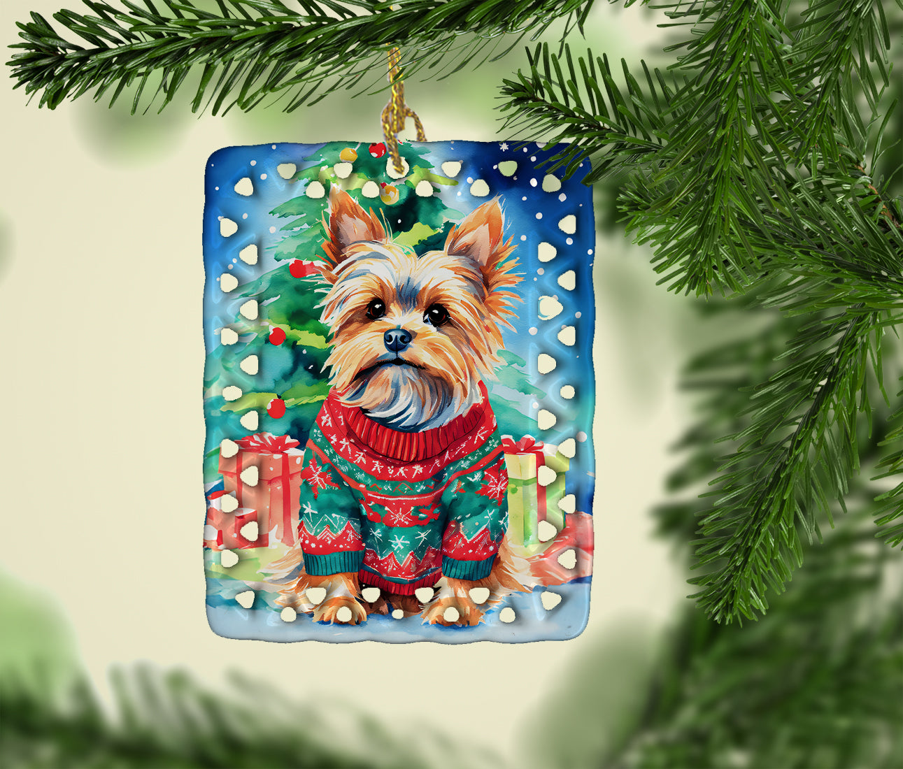 Yorkshire Terrier Yorkie Christmas Porcelain Ornament