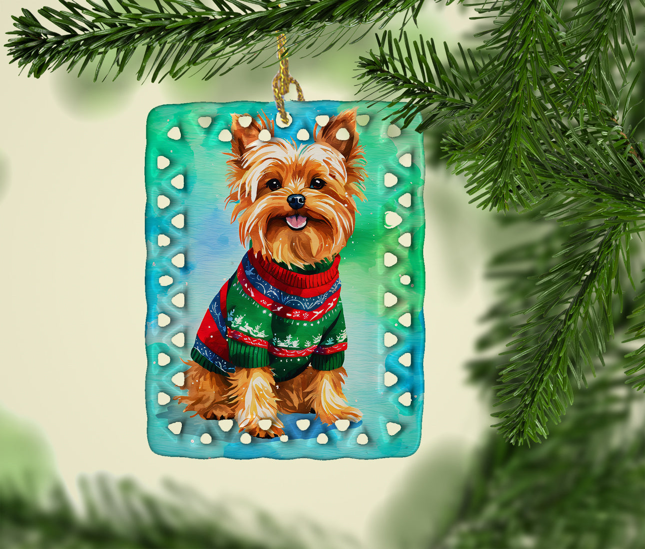 Yorkshire Terrier Yorkie Christmas Porcelain Ornament