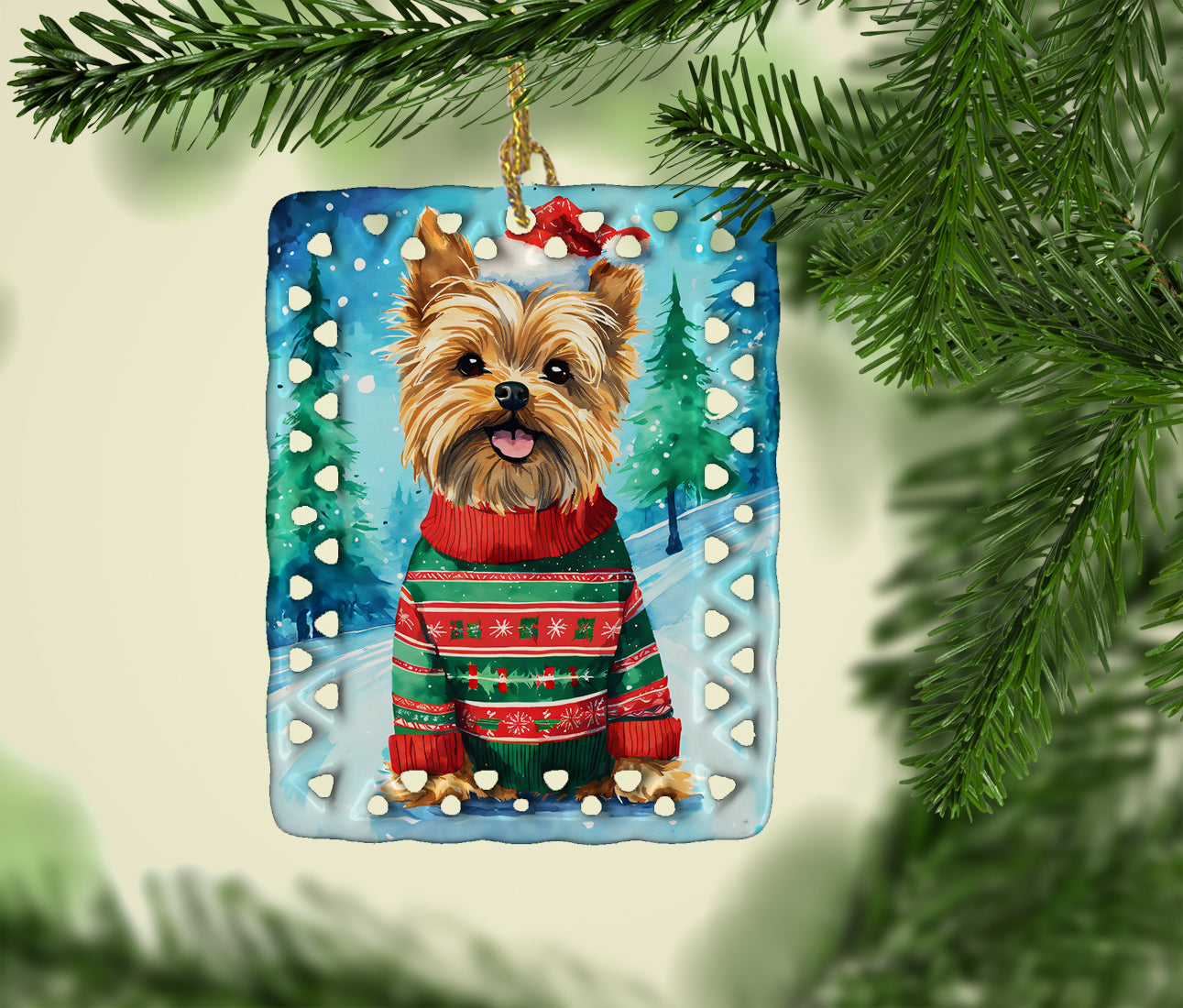 Yorkshire Terrier Yorkie Christmas Porcelain Ornament