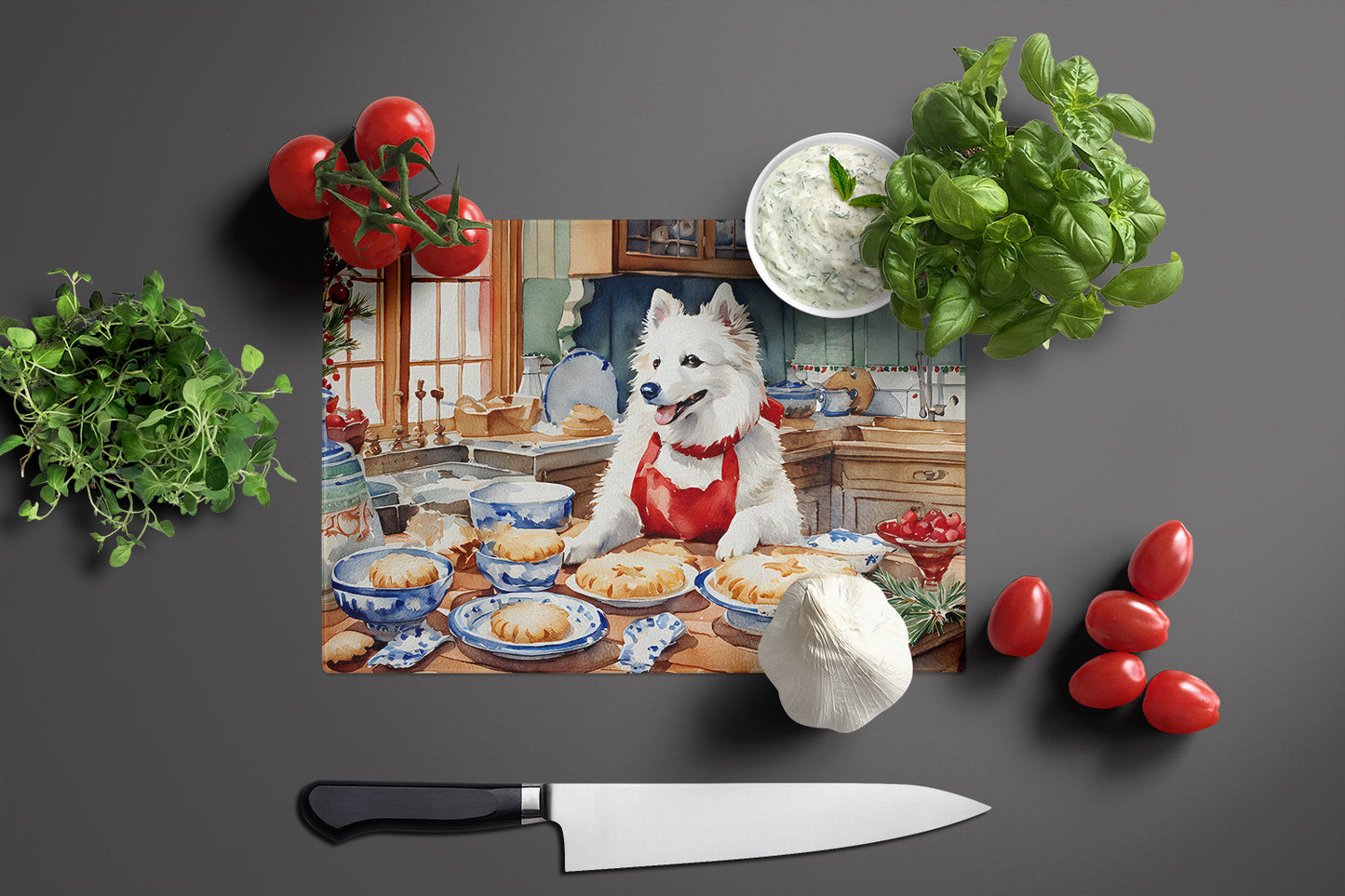 American Eskimo Christmas Cookies Glass Cutting Board