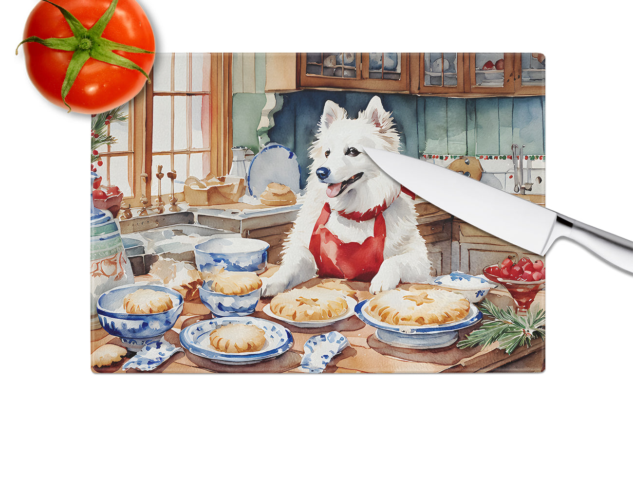 American Eskimo Christmas Cookies Glass Cutting Board