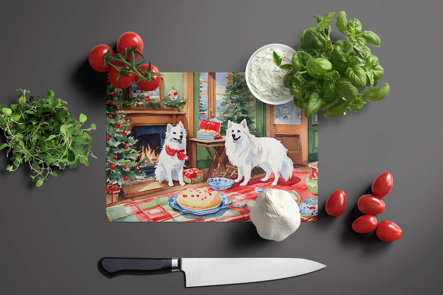 American Eskimo Christmas Cookies Glass Cutting Board