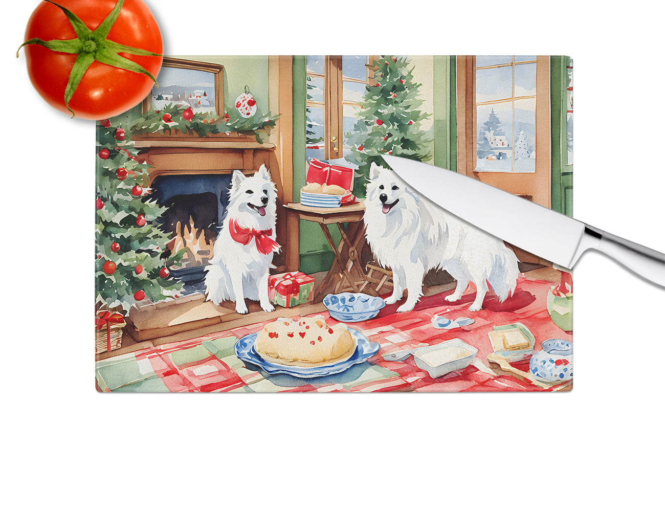 American Eskimo Christmas Cookies Glass Cutting Board