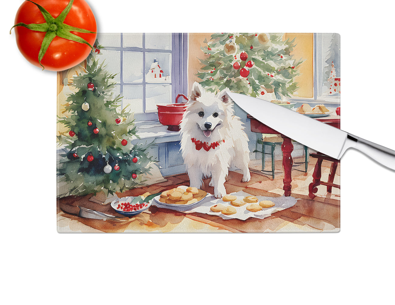 American Eskimo Christmas Cookies Glass Cutting Board