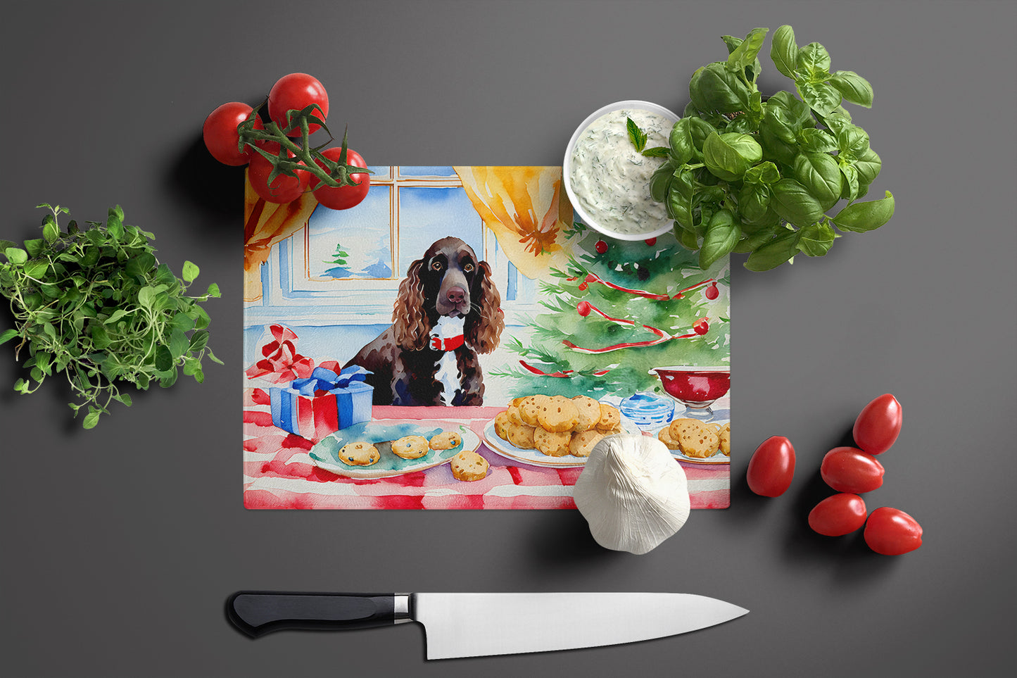 American Water Spaniel Christmas Cookies Glass Cutting Board