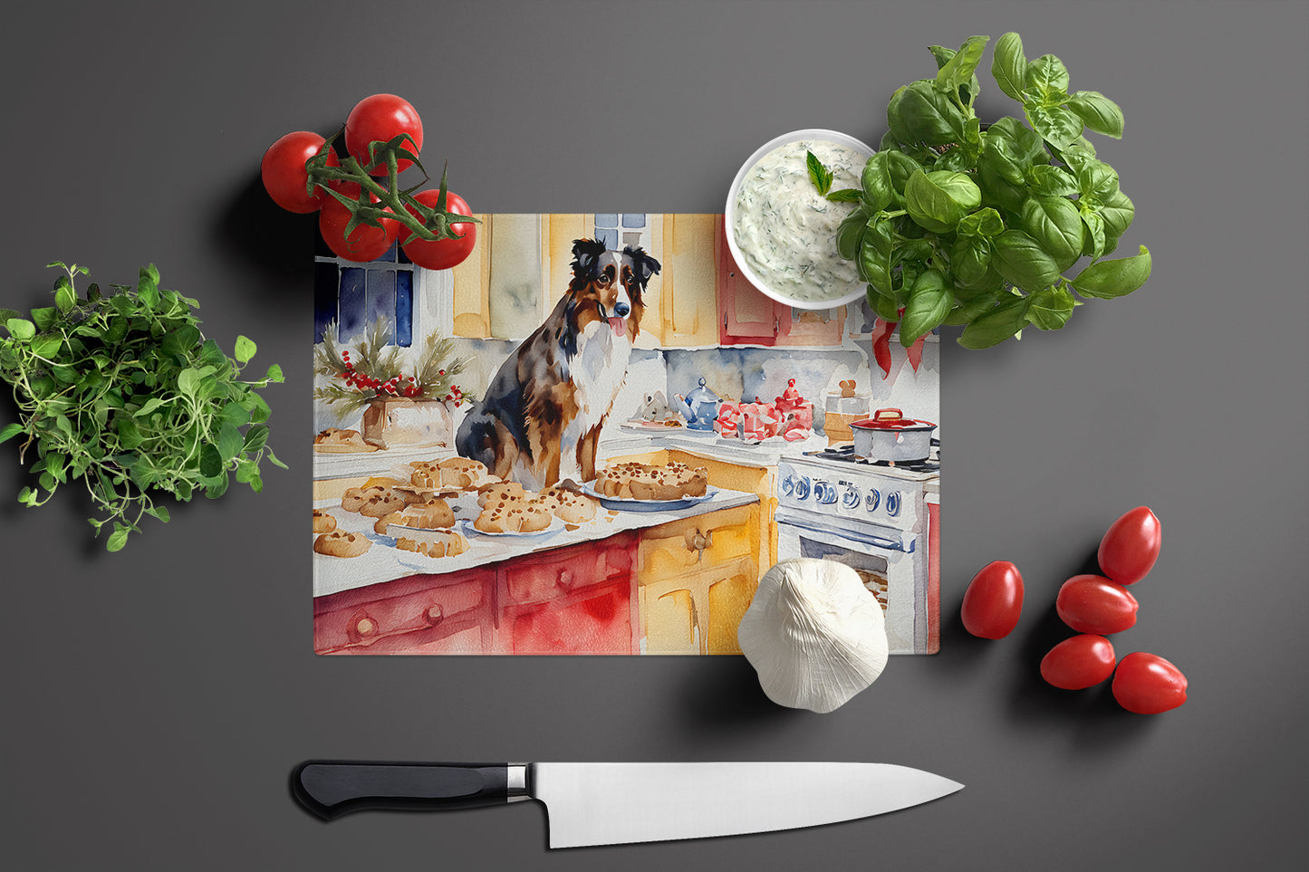 Australian Shepherd Christmas Cookies Glass Cutting Board