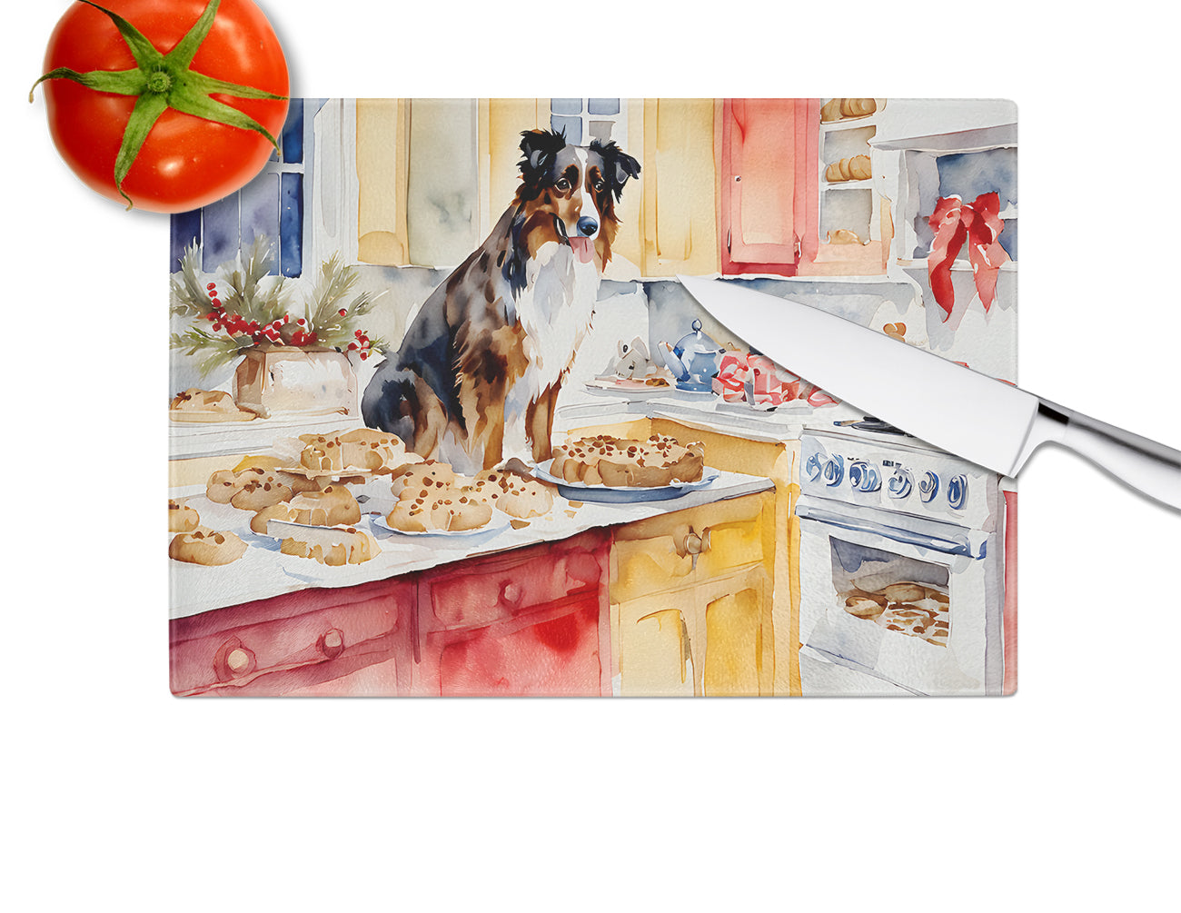 Australian Shepherd Christmas Cookies Glass Cutting Board