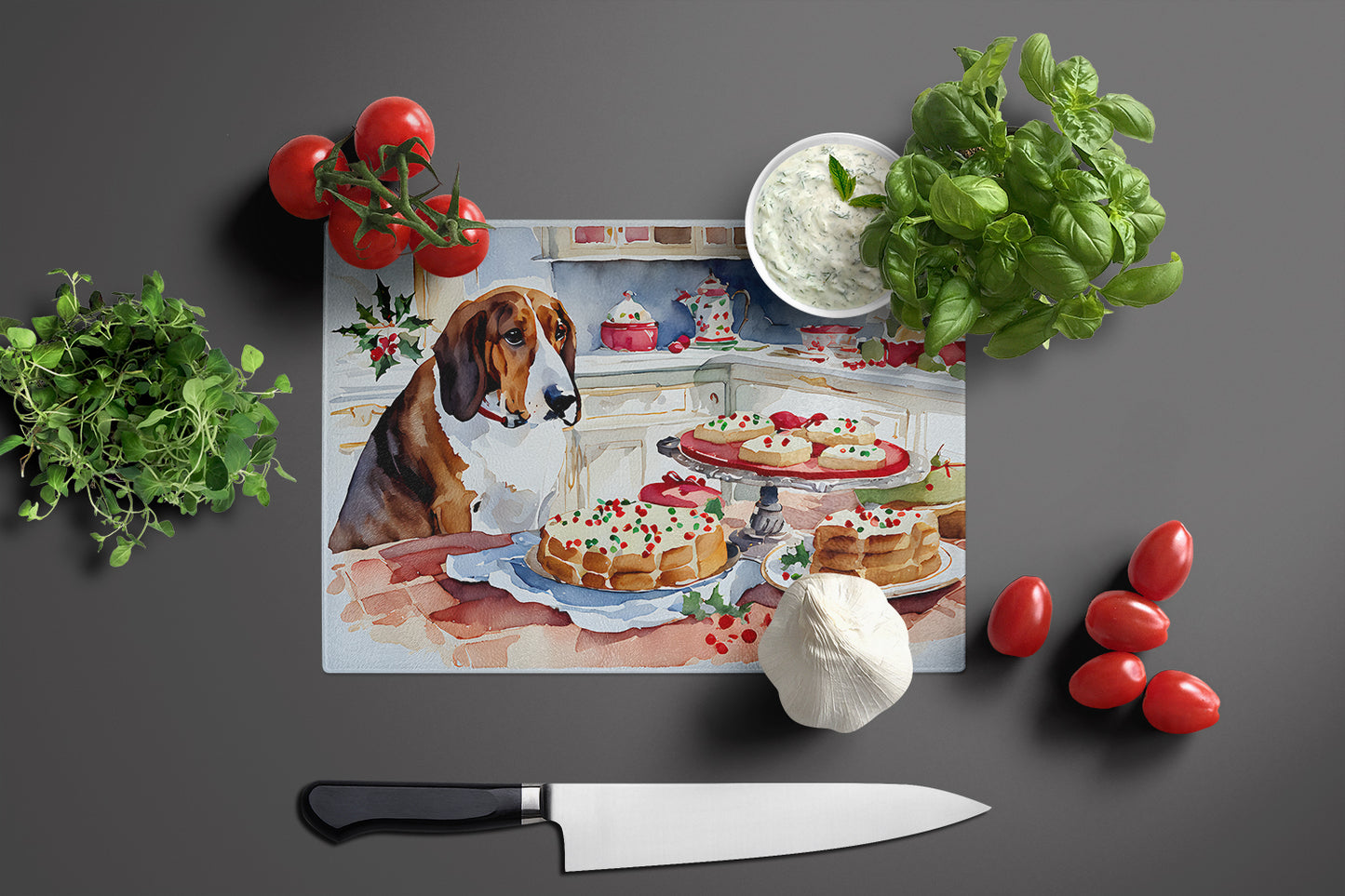 Basset Hound Christmas Cookies Glass Cutting Board