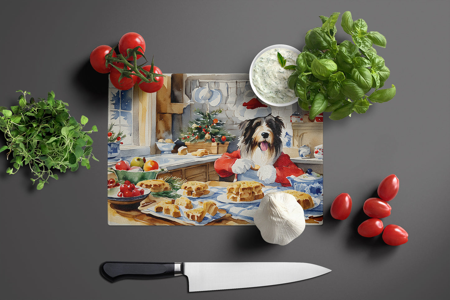 Bearded Collie Christmas Cookies Glass Cutting Board