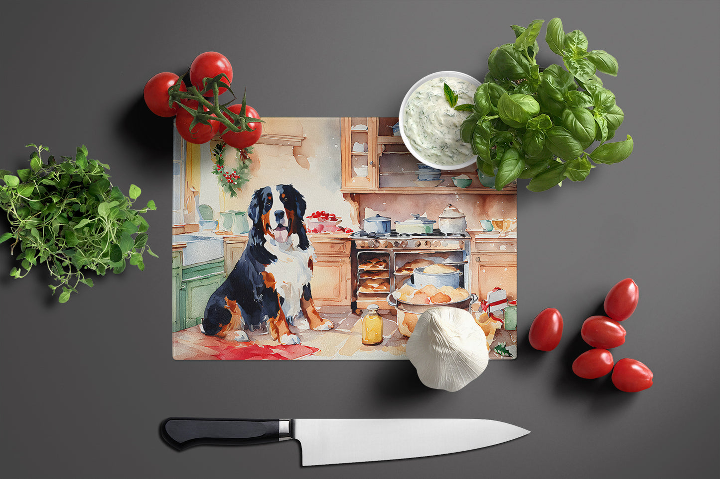 Bernese Mountain Dog Christmas Cookies Glass Cutting Board