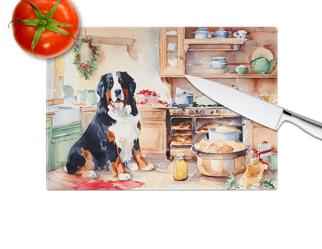 Bernese Mountain Dog Christmas Cookies Glass Cutting Board