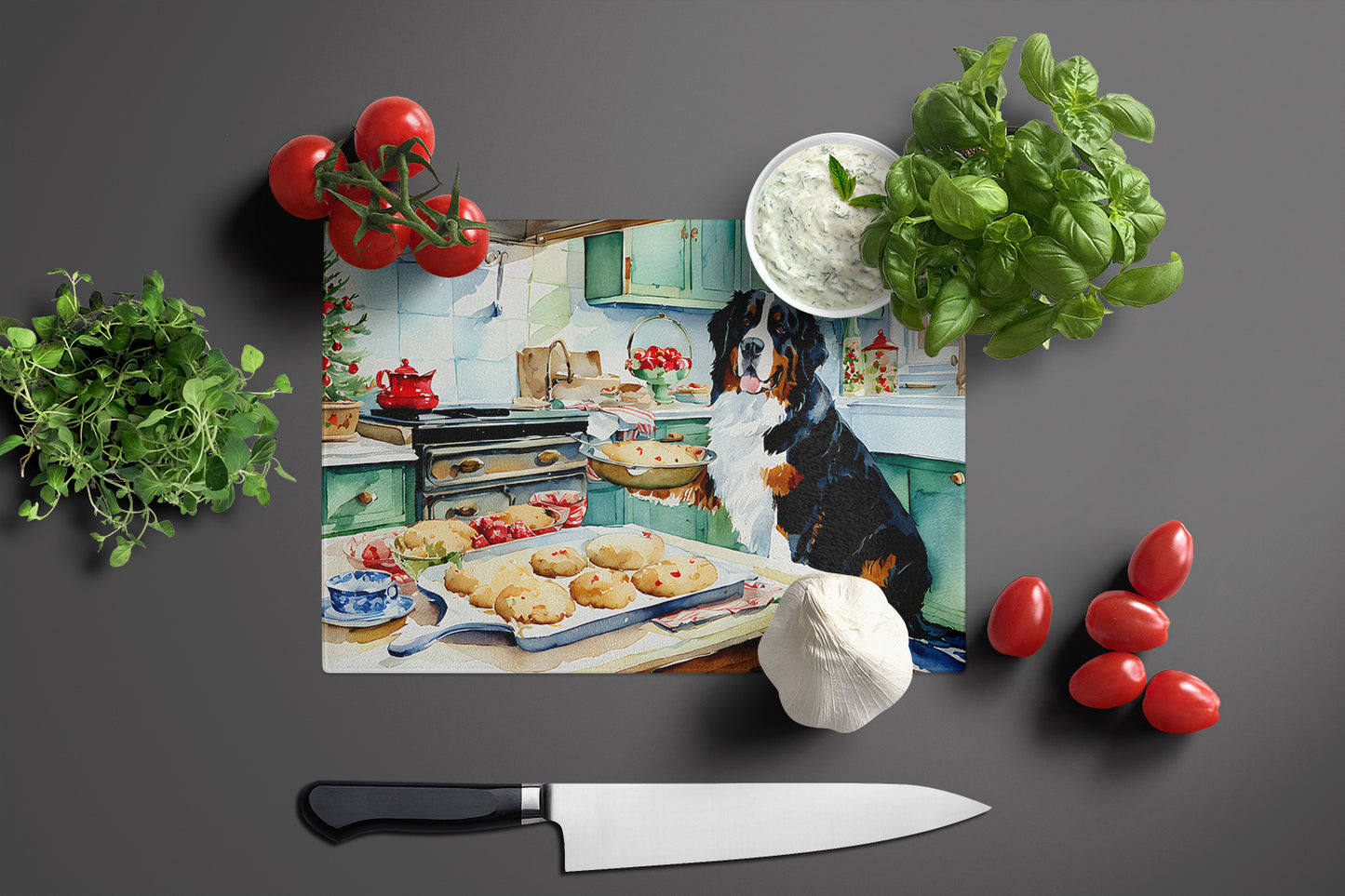 Bernese Mountain Dog Christmas Cookies Glass Cutting Board