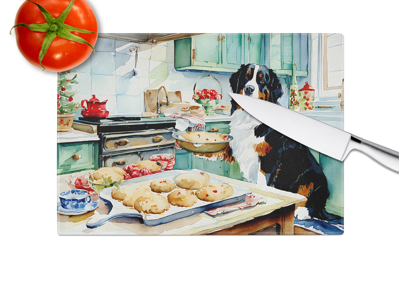 Bernese Mountain Dog Christmas Cookies Glass Cutting Board