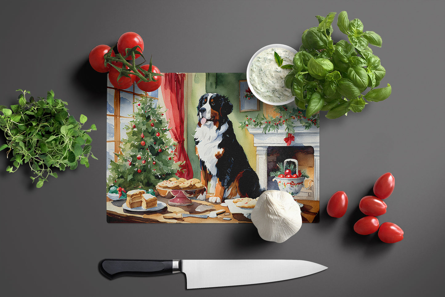 Bernese Mountain Dog Christmas Cookies Glass Cutting Board