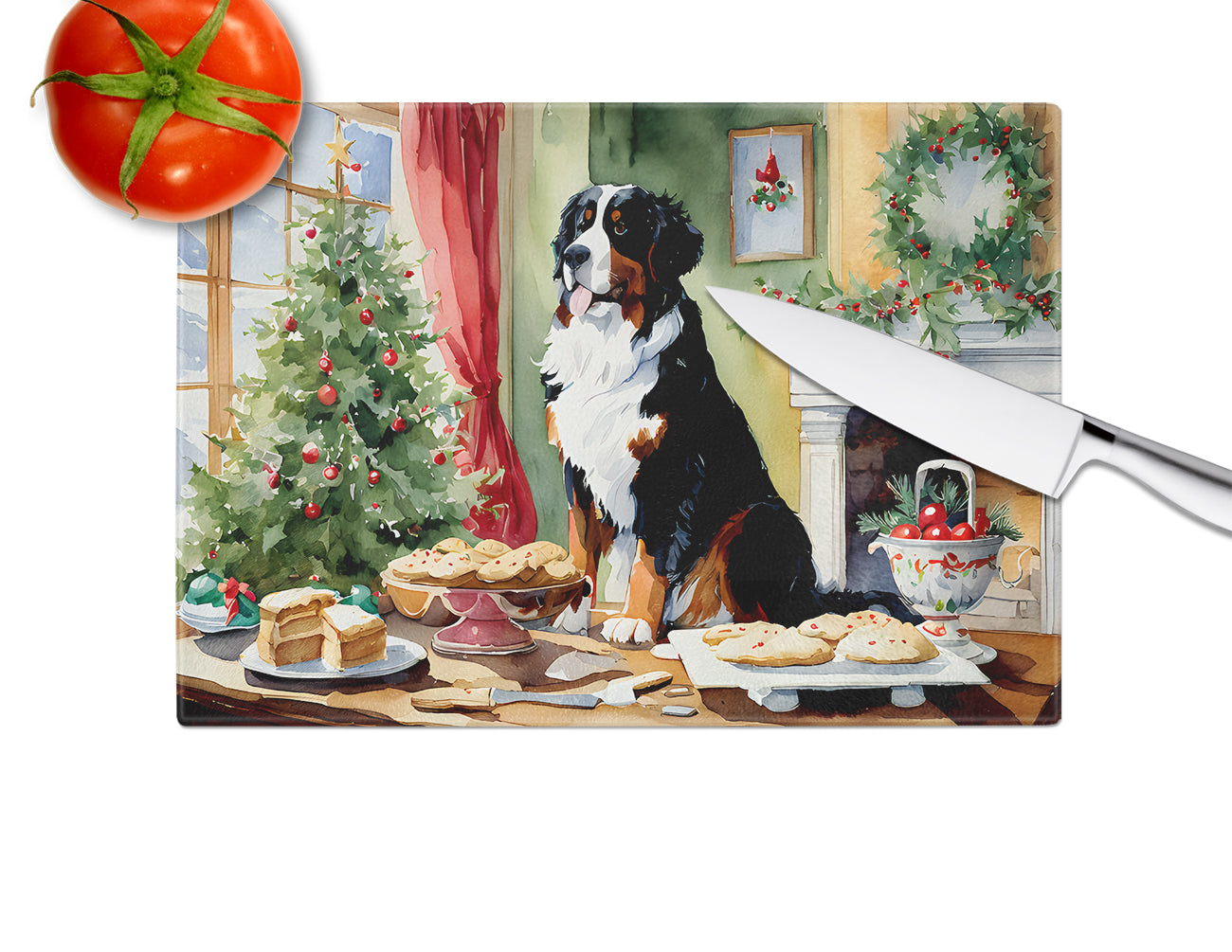 Bernese Mountain Dog Christmas Cookies Glass Cutting Board