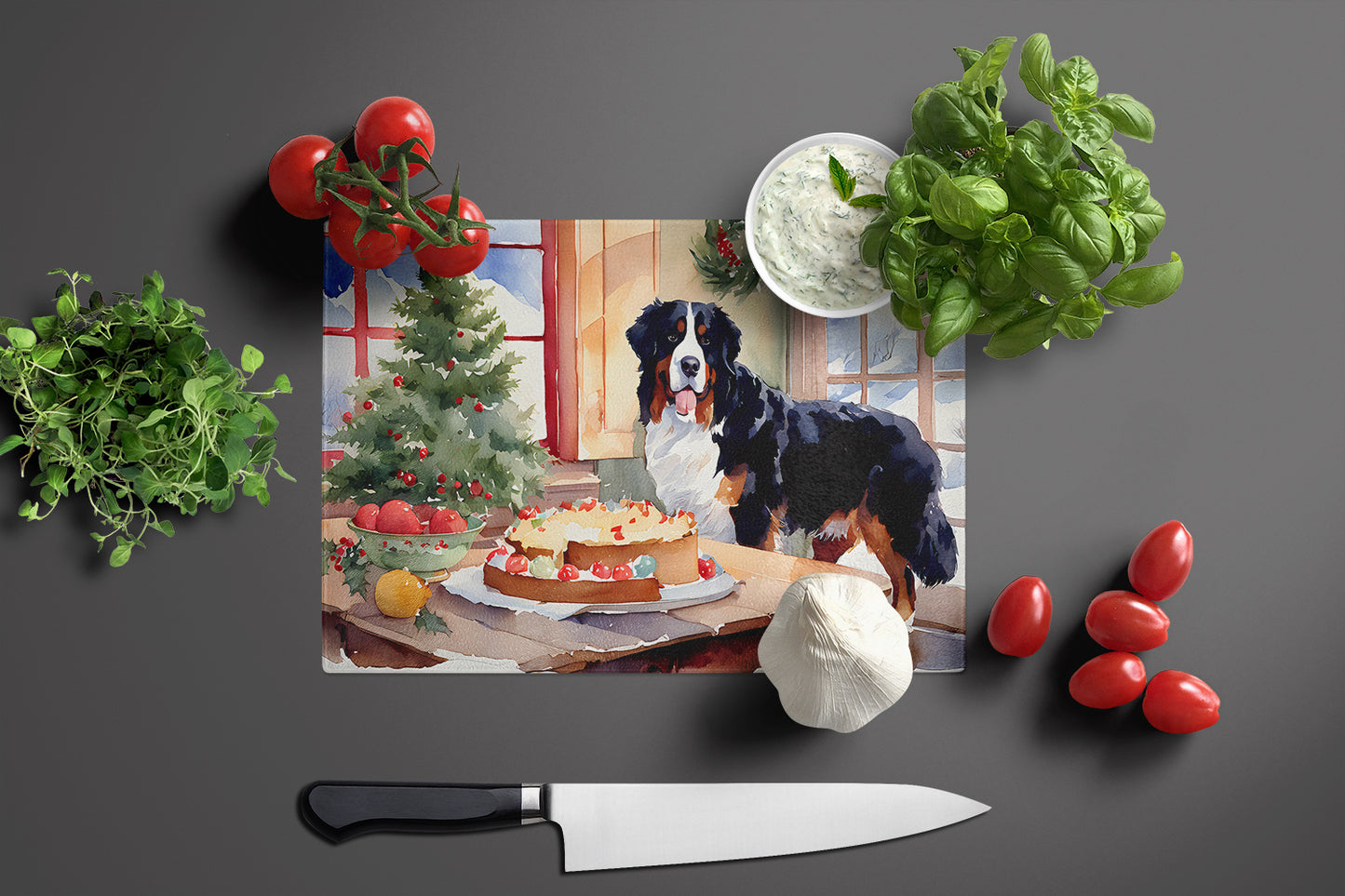 Bernese Mountain Dog Christmas Cookies Glass Cutting Board